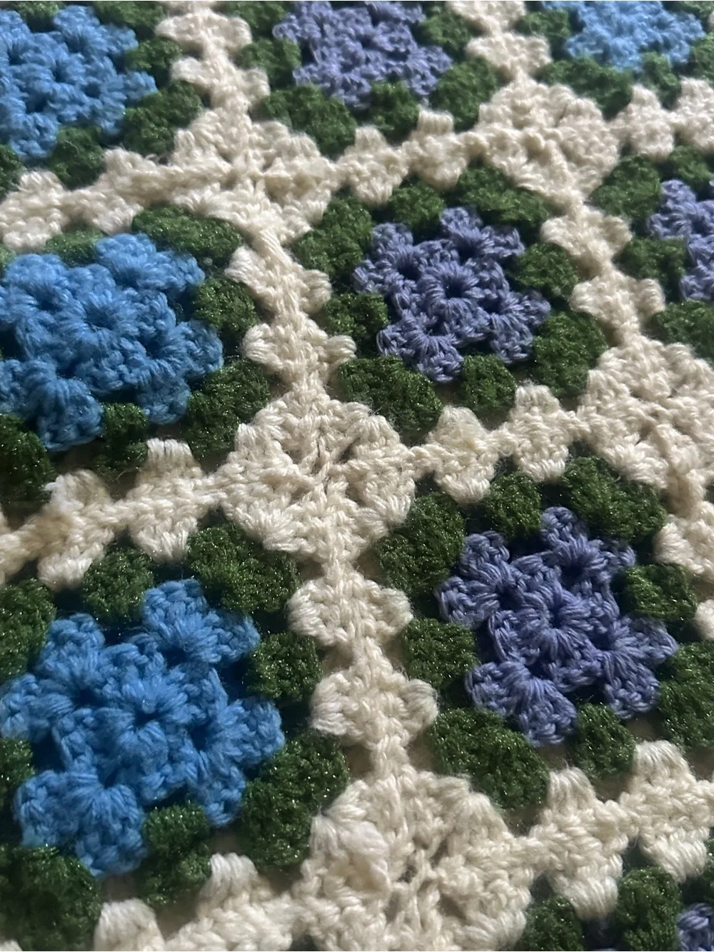 Handmade Crochet Throw Blanket in Blue, Green & Cream fringe edge